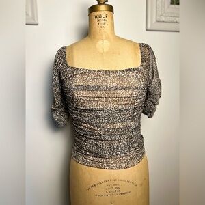 Anthropologie top blouse XS animal print square neck ruched short sleeves